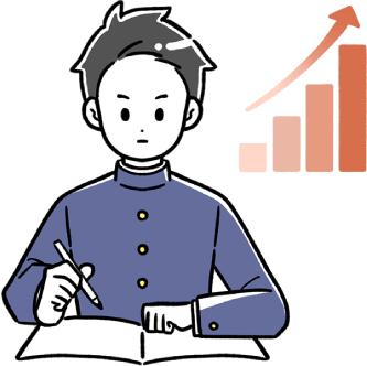 受験勉強に励む男子高校生。その横に右肩上がりのグラフがあり、学力向上を表している