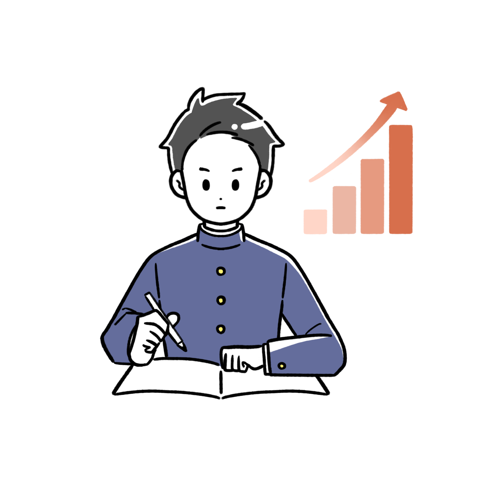 受験勉強に励む男子高校生。その横に右肩上がりのグラフがあり、学力向上を表している