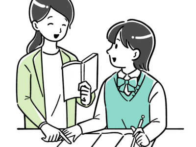 教科書を開いて勉強している中学生の女の子と笑顔で教えている先生