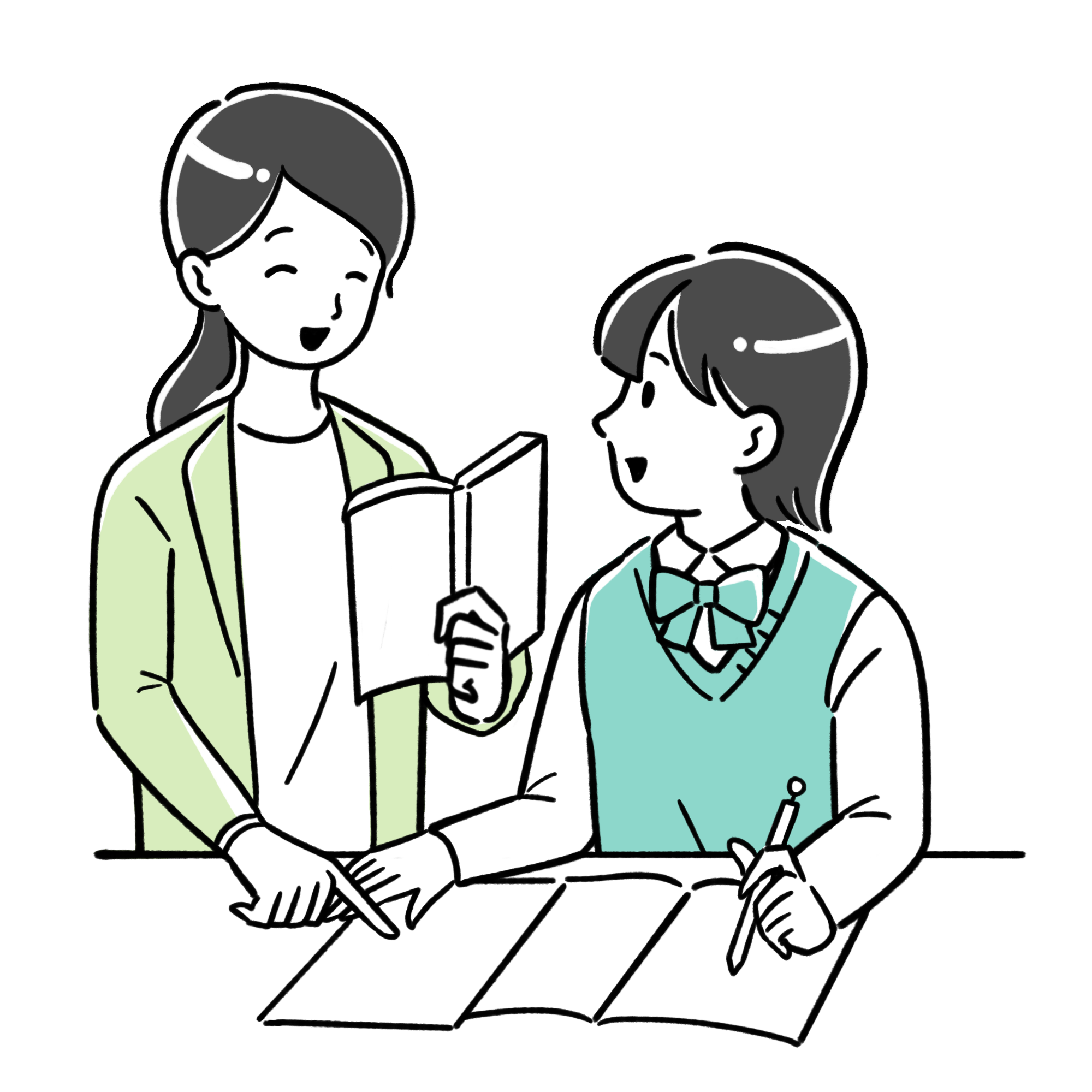 教科書を開いて勉強している中学生の女の子と笑顔で教えている先生