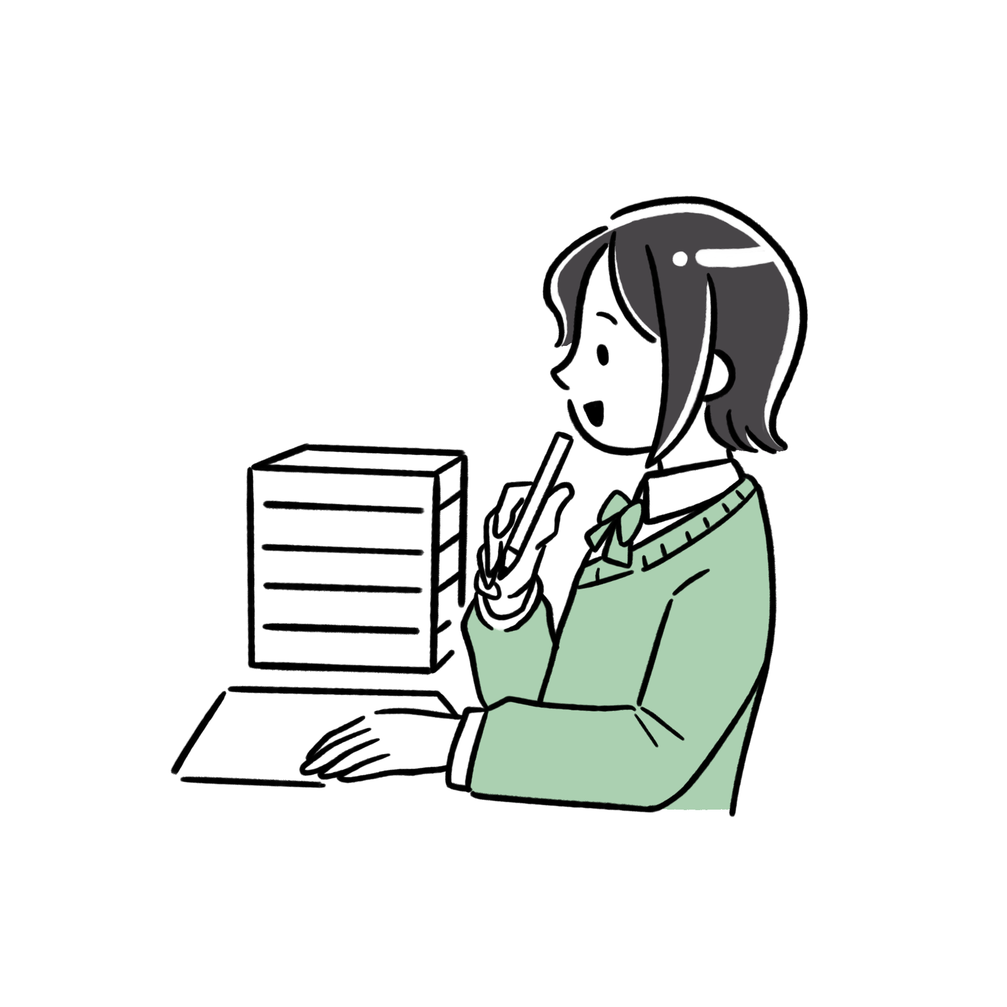 鉛筆を持って考えている女の子。近くにテキストが積まれている