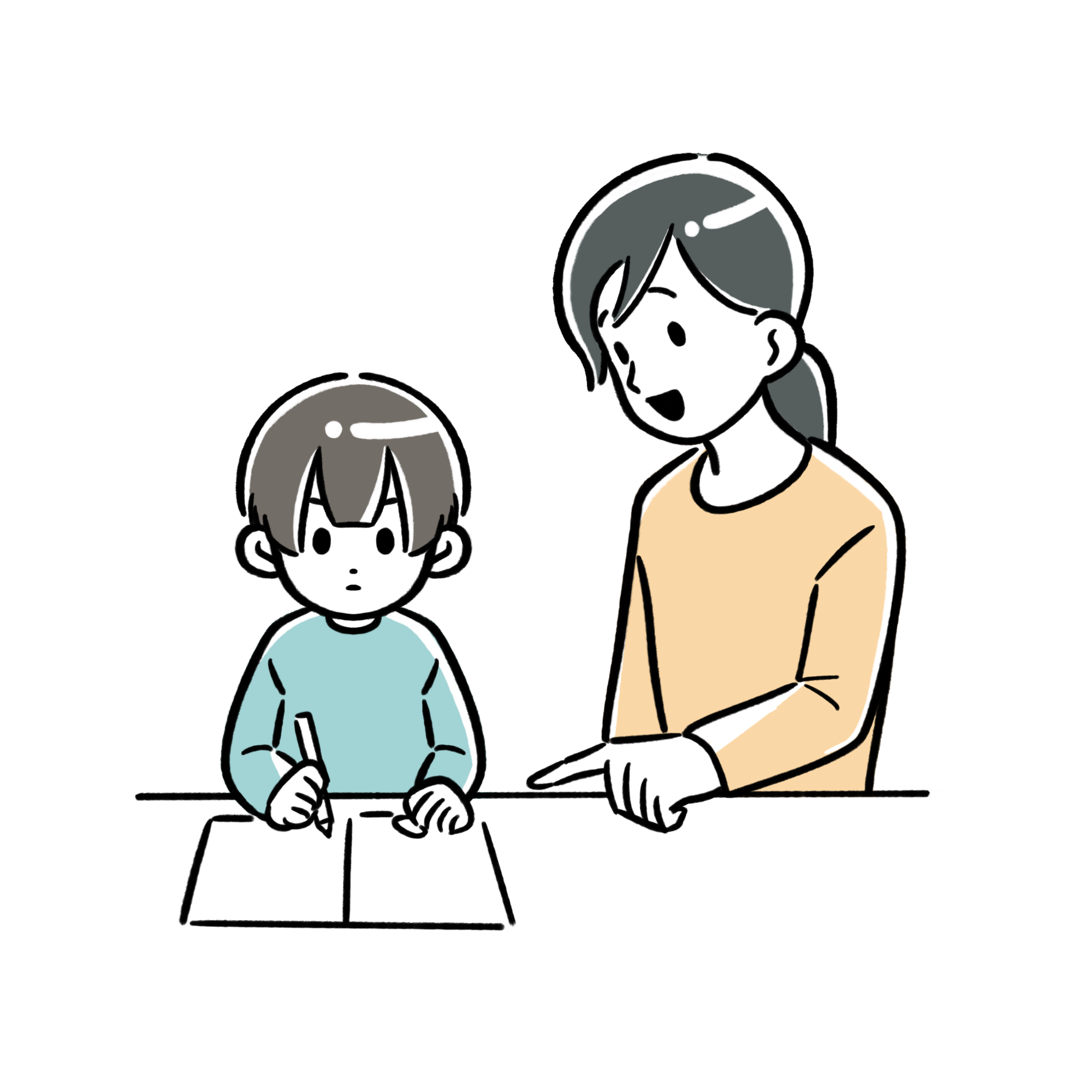 小さい男の子が女性の先生と一緒に鉛筆を持って勉強している