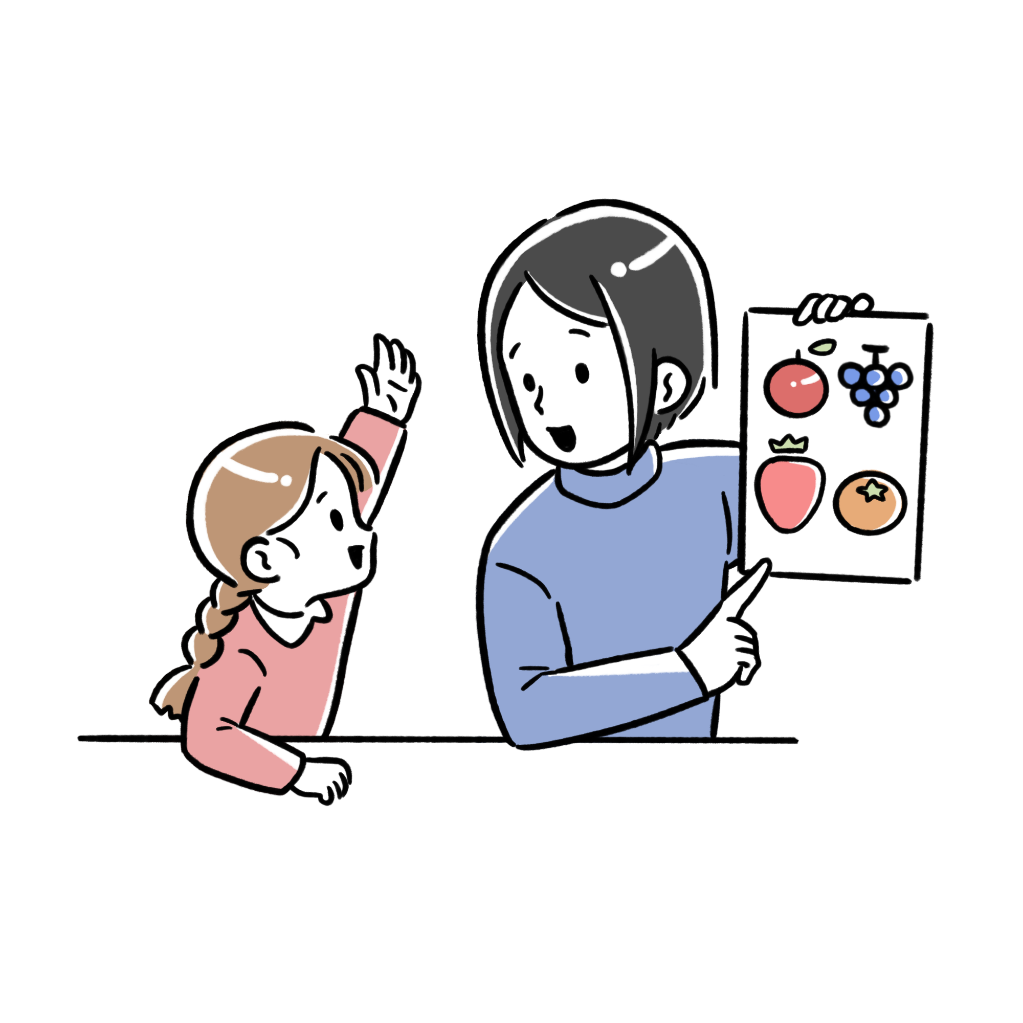 先生が果物が4つ書かれた紙を女の子に見せて、女の子が挙手して答えようとしている